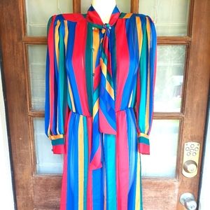 Vintage striped multi color women's secretary double breasted sheer 80s dress Sm